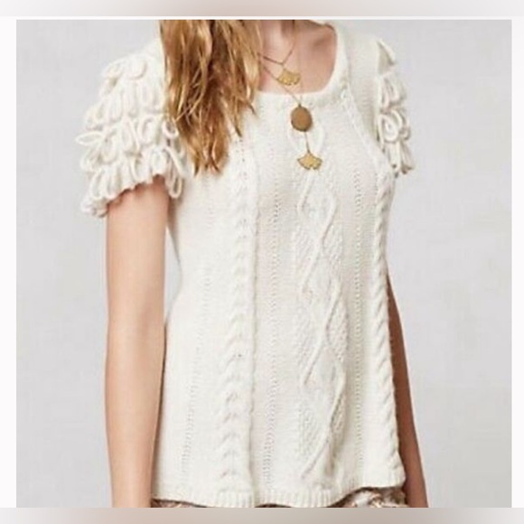 NAVY BLUE Anthropologie HWR Monogram Looped Epaulet Ecru Cable Knit Sweater Med - Picture 2 of 9